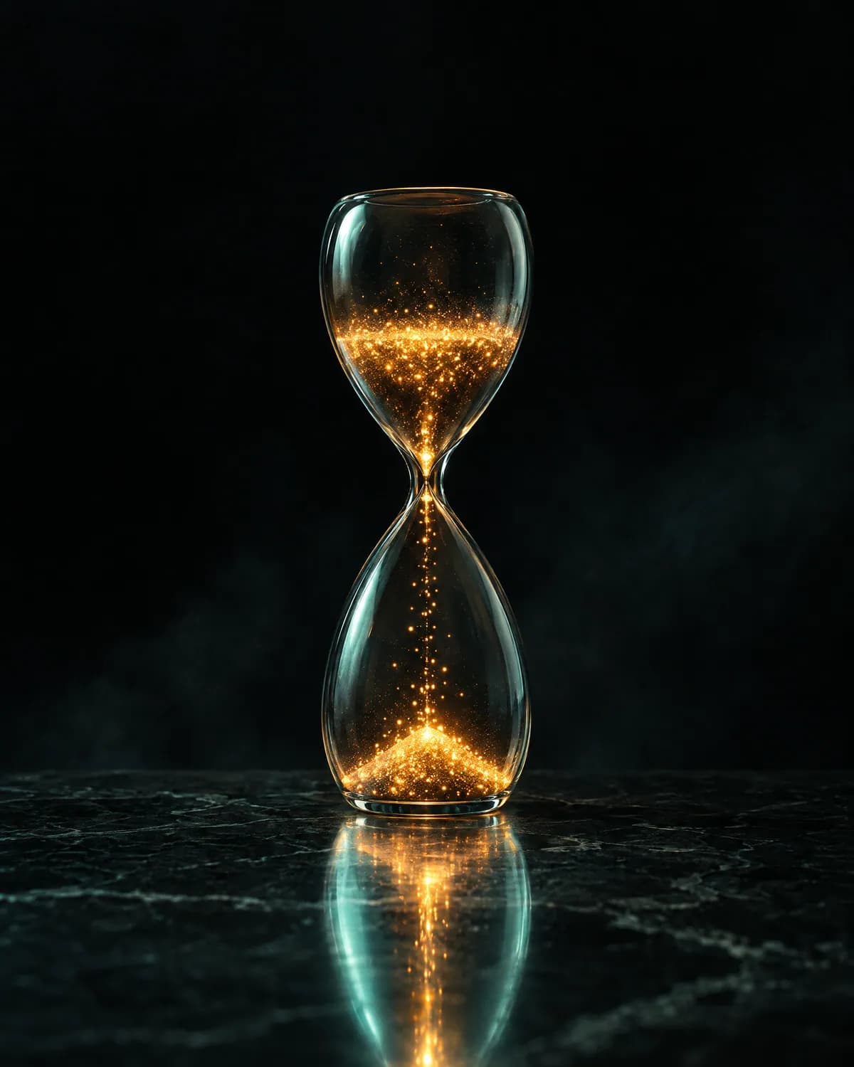 A glass hourglass filled with falling amber light