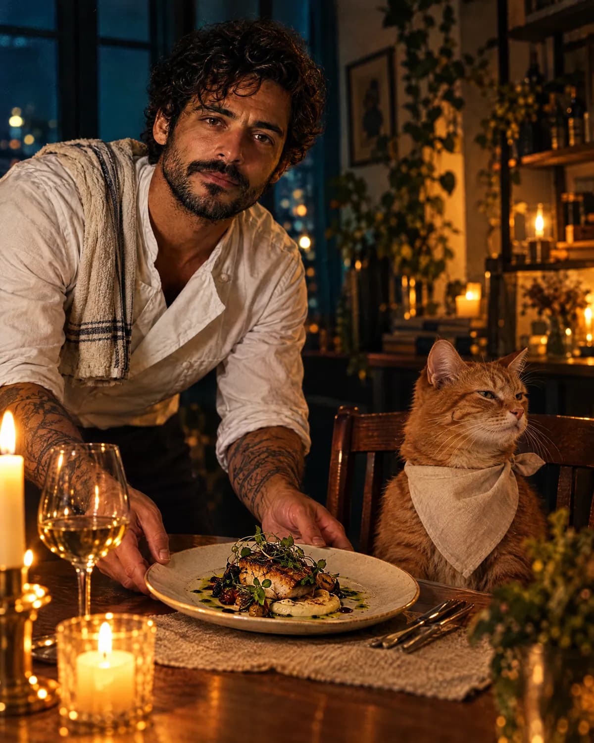 Felix serving a fine-dining plate to a ginger cat sitting on a dining chair