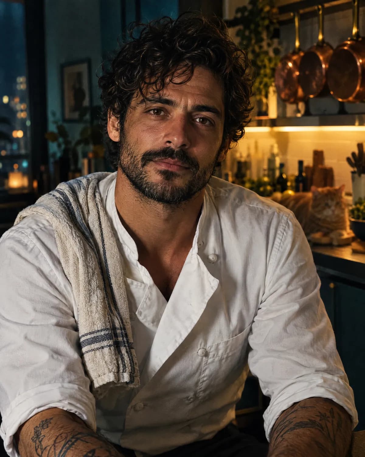 Felix Marrow — a curly-haired chef in an open white jacket in a moody kitchen at night