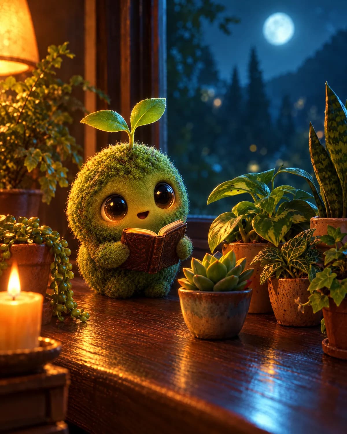 Kiko reading a tiny book aloud to a row of potted plants at night
