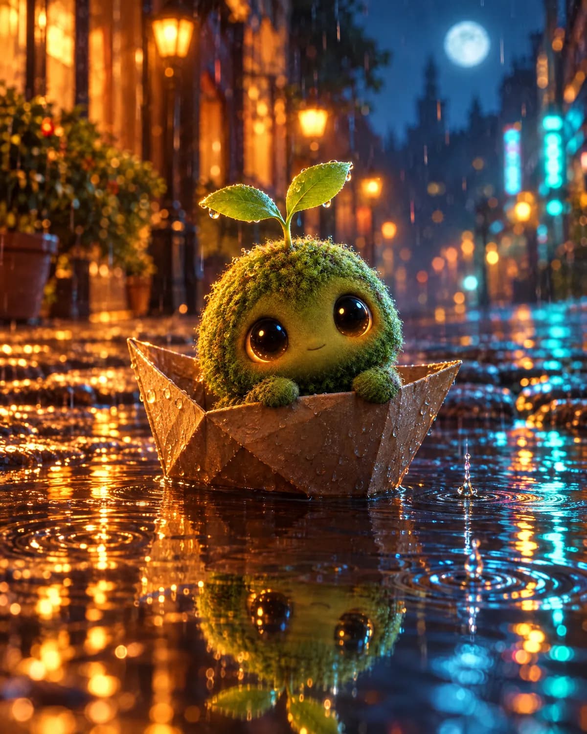 Kiko riding a paper boat across a rain puddle