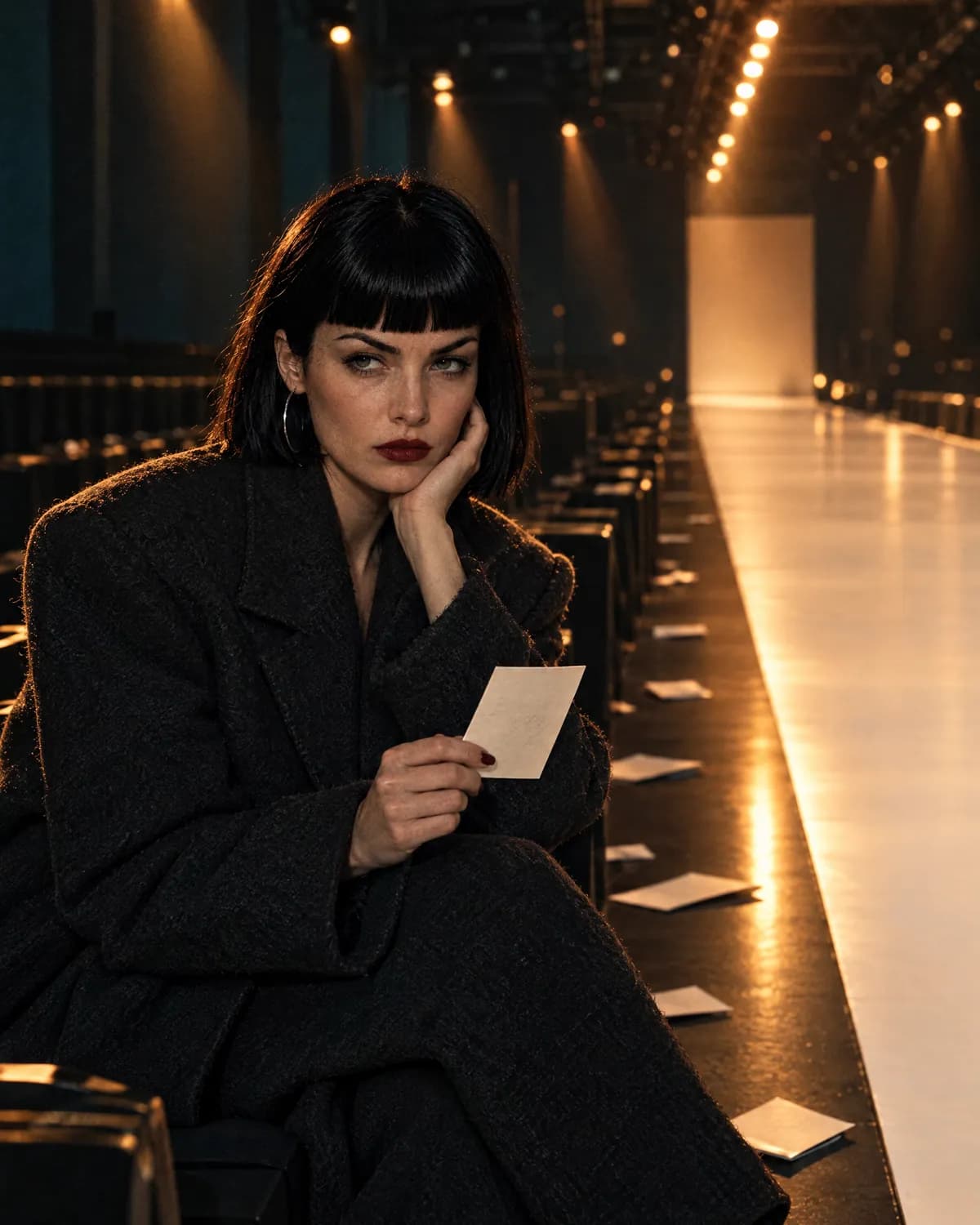 Margaux alone in the front row of an empty runway, holding a scorecard