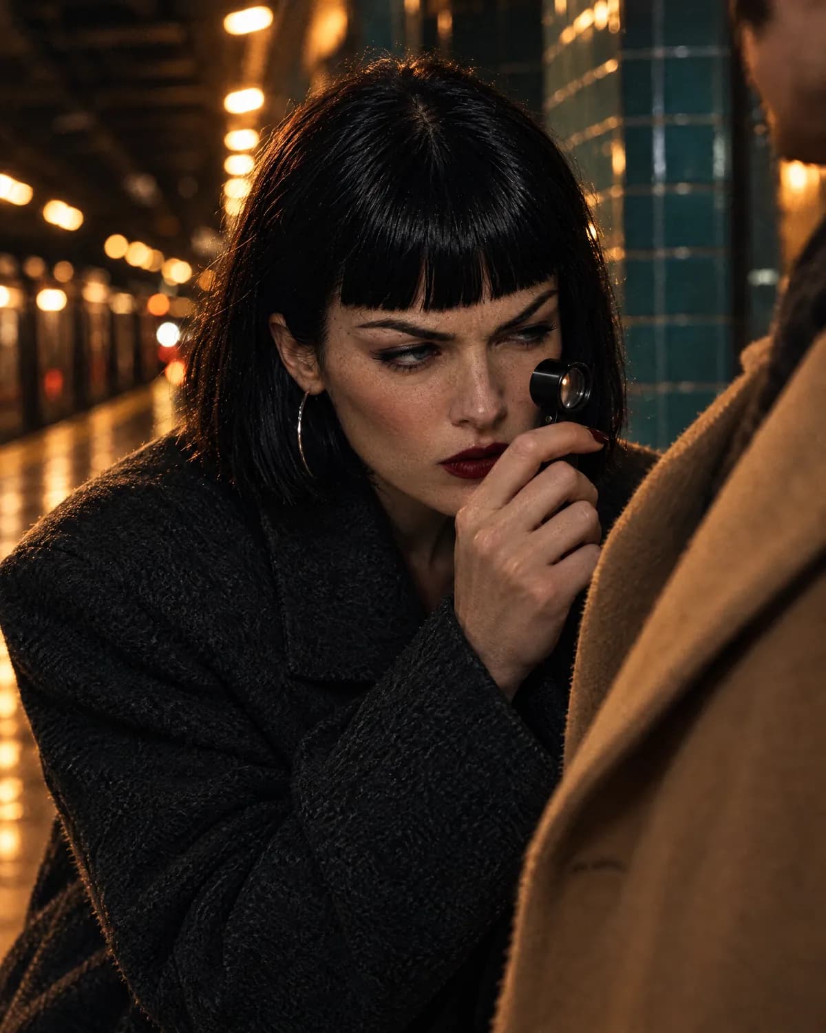 Margaux inspecting a stranger's coat lapel through a jeweler's loupe on a metro platform