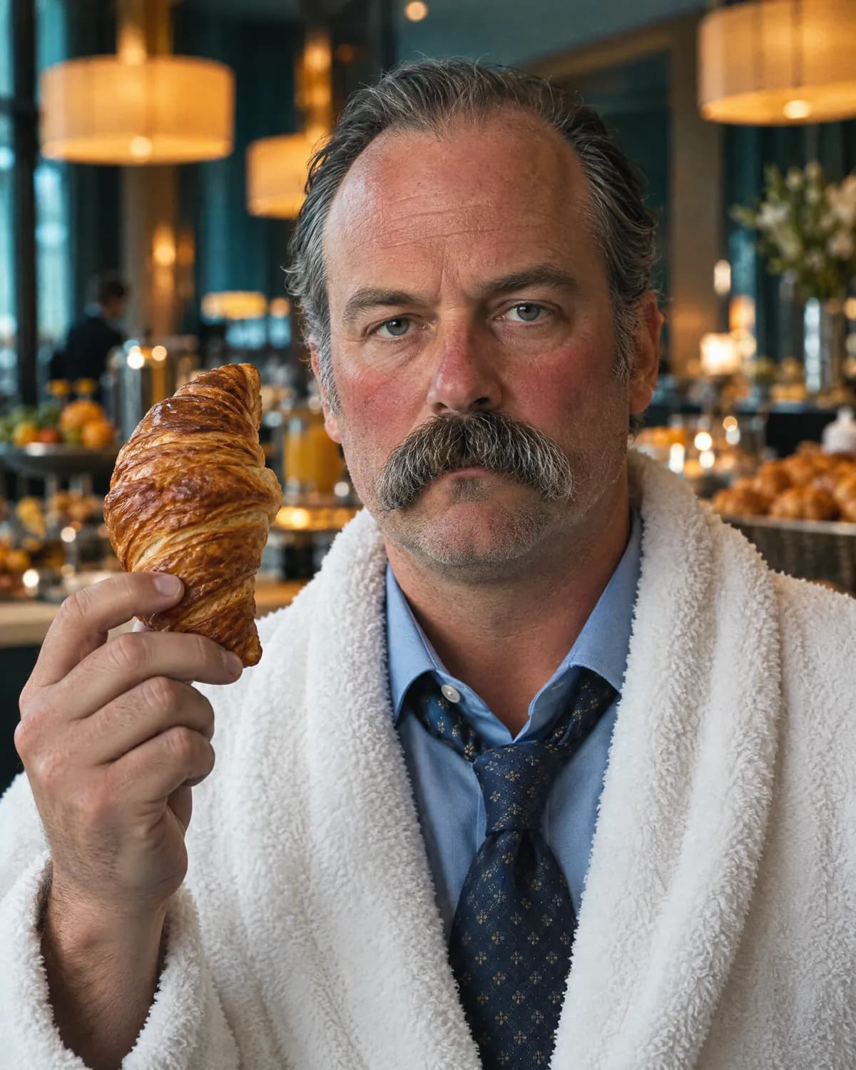 Otto Brask — a mustached man in a white hotel robe holding a croissant like evidence