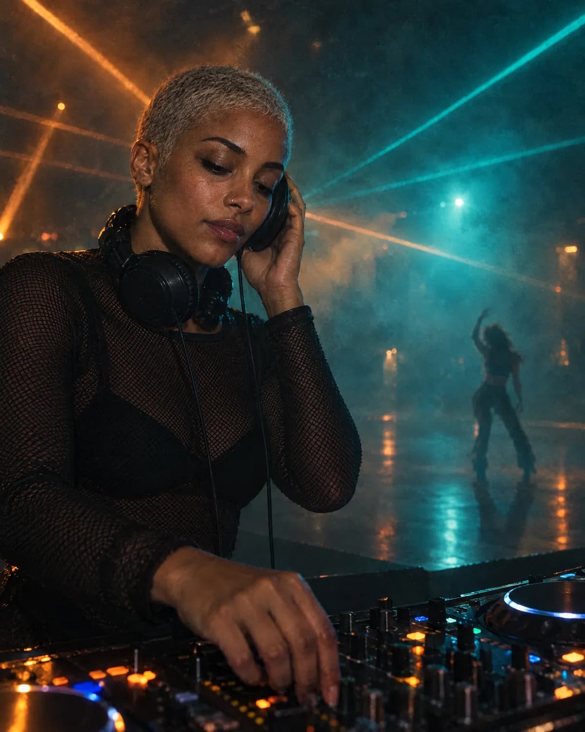 Juno in a DJ booth at 4 a.m. above a nearly empty dance floor