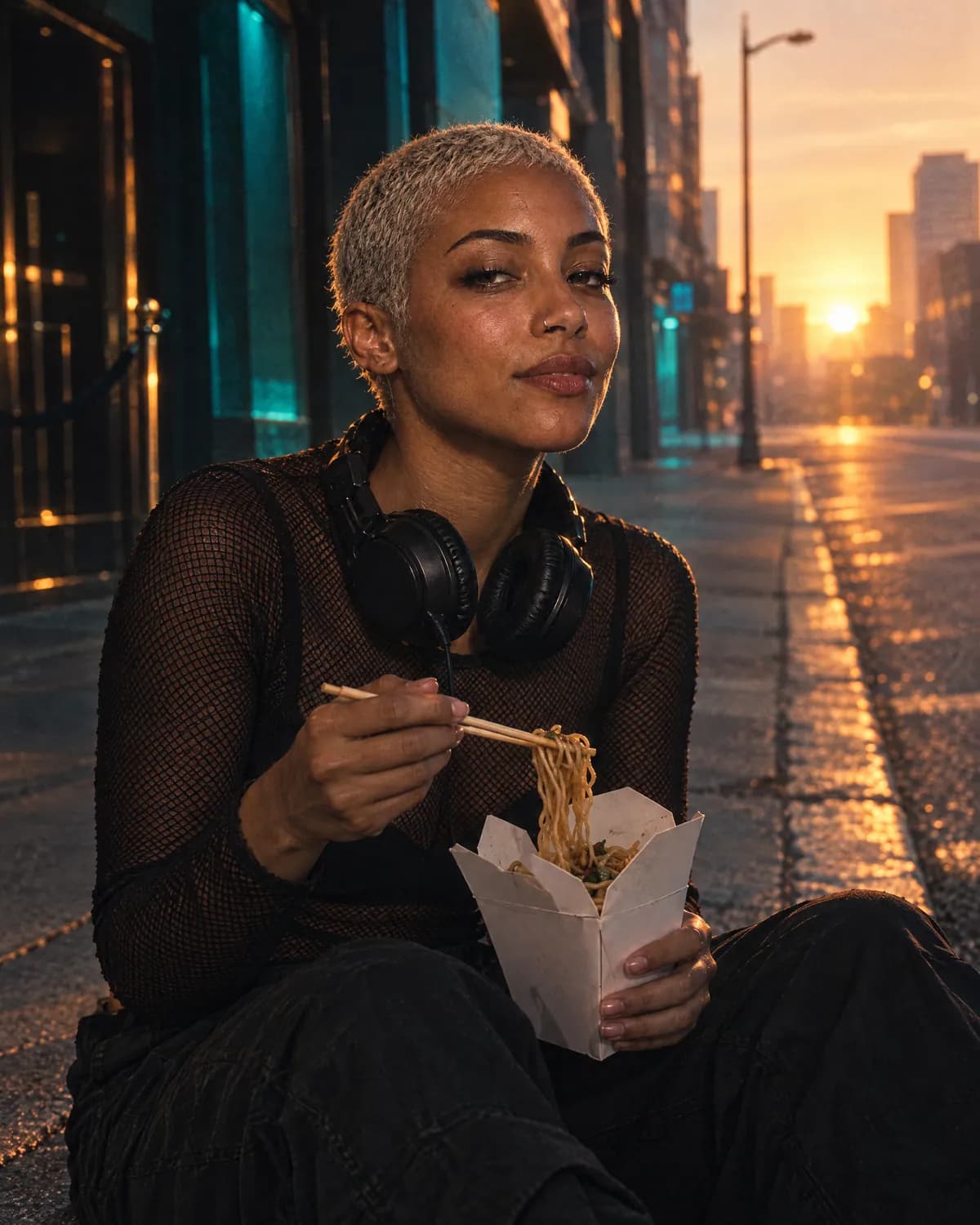Juno eating noodles on a curb outside the club at sunrise