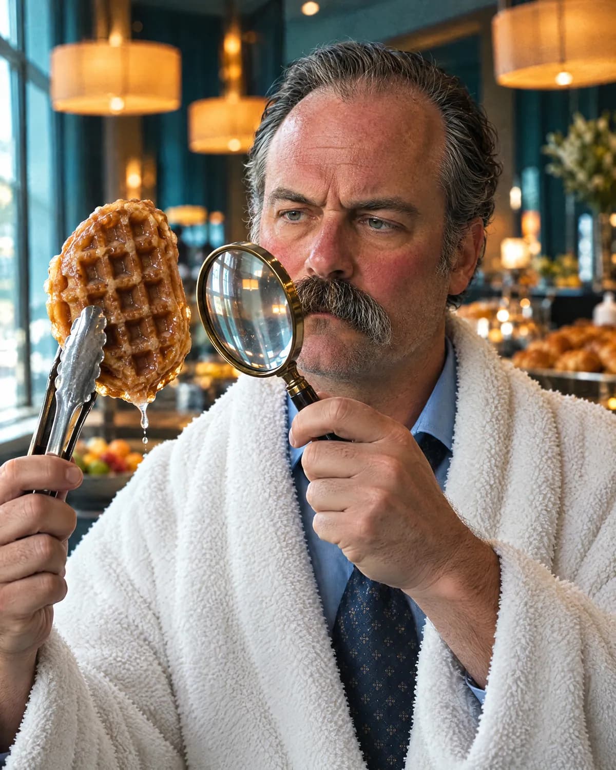 Otto holding a soggy waffle up to the light with tongs at a hotel buffet
