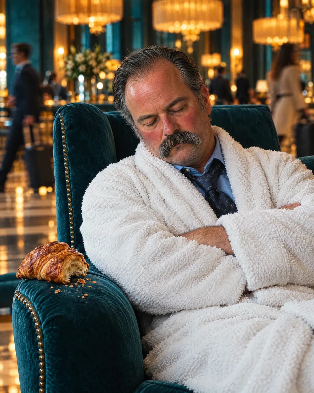 Otto asleep in a hotel lobby armchair wearing his robe