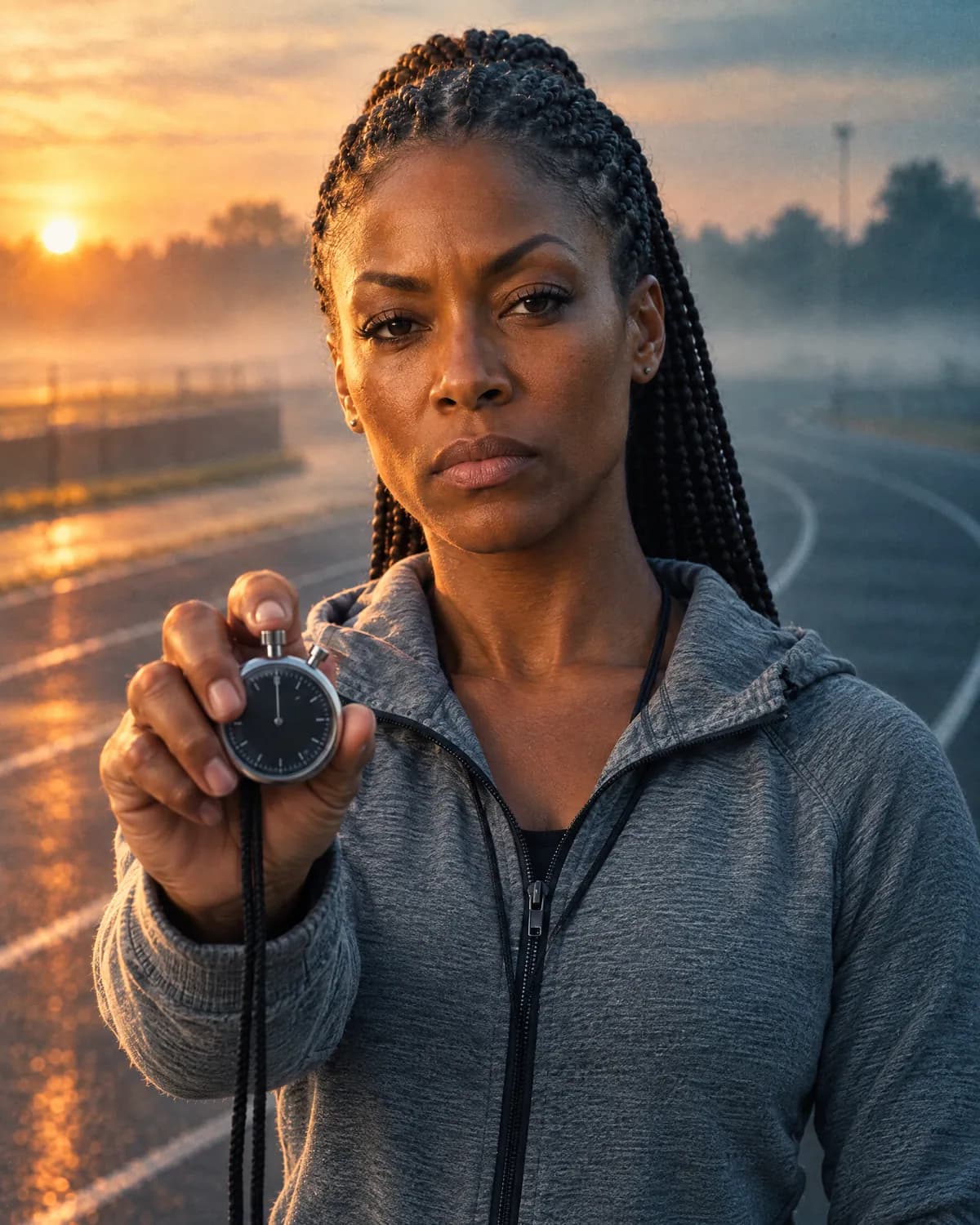 Rhea holding a stopwatch toward the camera on a misty track at dawn