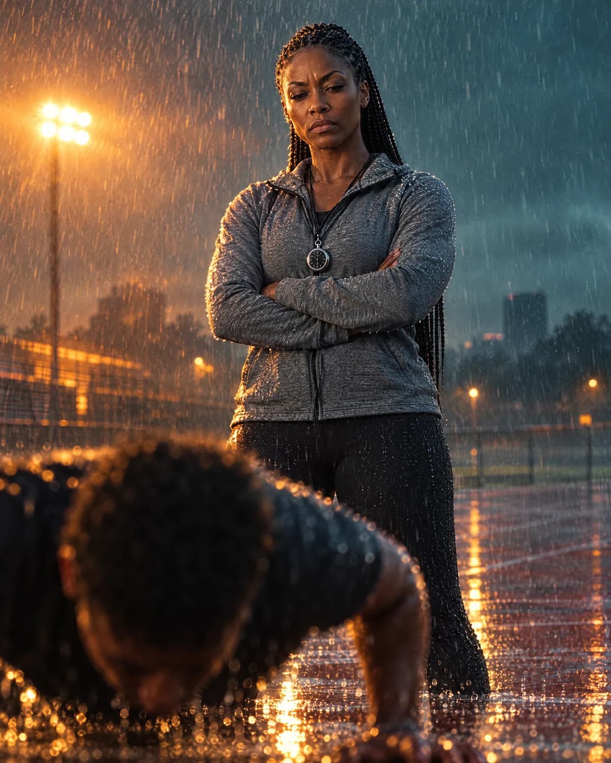 Rhea standing with arms crossed over someone doing push-ups in the rain